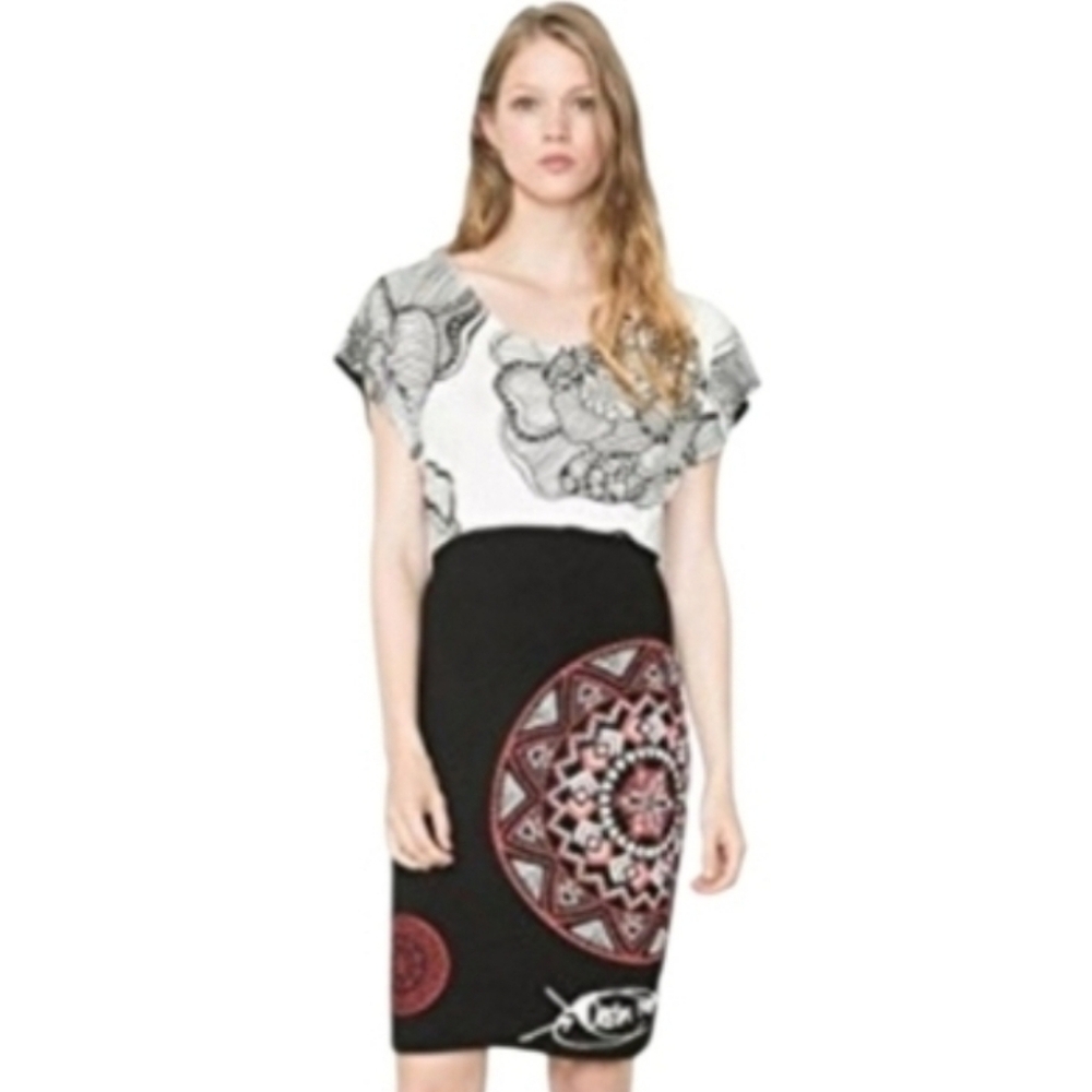 Desigual Dress Embroidered Black and Red Patterned Pencil Skirt Embroidery